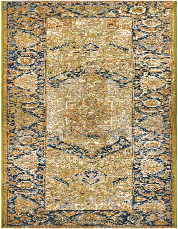 A 6 ft runner rug featuring a distressed traditional medallion pattern in greens, navy blue, and orange, suitable for a hallway or patio.