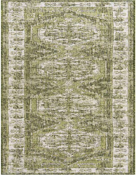 A 12 ft green Southwestern runner rug with a distressed traditional pattern and light border, suitable for hallways or patios.
