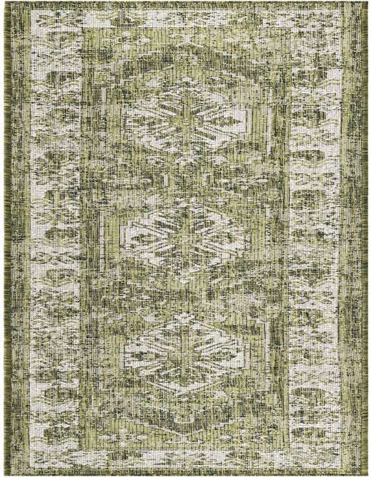 A long, narrow 8 ft runner rug featuring a distressed Southwestern and Traditional pattern in shades of green and white, ideal for a hallway or kitchen.
