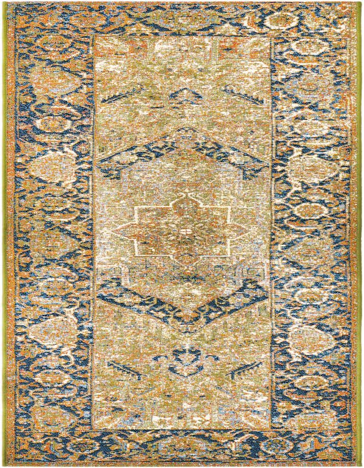 A 5 ft runner rug featuring a distressed traditional pattern in greens, blues, and oranges, suitable for a hallway or patio.