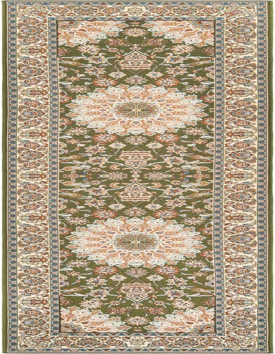 A 10 ft green runner rug with a traditional Oriental medallion pattern and intricate floral borders, suitable for a hallway or patio.
