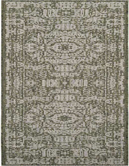 A 10 ft runner rug from Rugs.com's Outdoor Traditional collection, featuring a green and light grey Southwestern and traditional pattern.