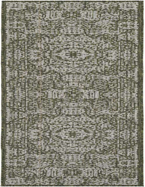 A long 8 ft runner rug featuring a Southwestern-inspired traditional pattern in shades of green and light grey, suitable for hallways or patios.