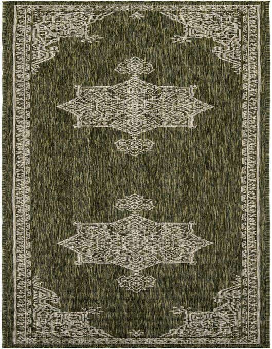 A 10 ft green runner rug with a traditional white medallion and border pattern, suitable for hallways or patios.