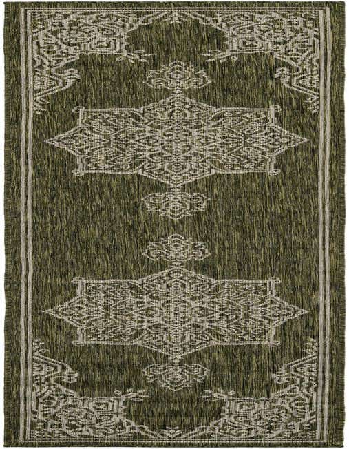An 8 ft green runner rug with a white traditional medallion and border pattern, suitable for hallways or patios.