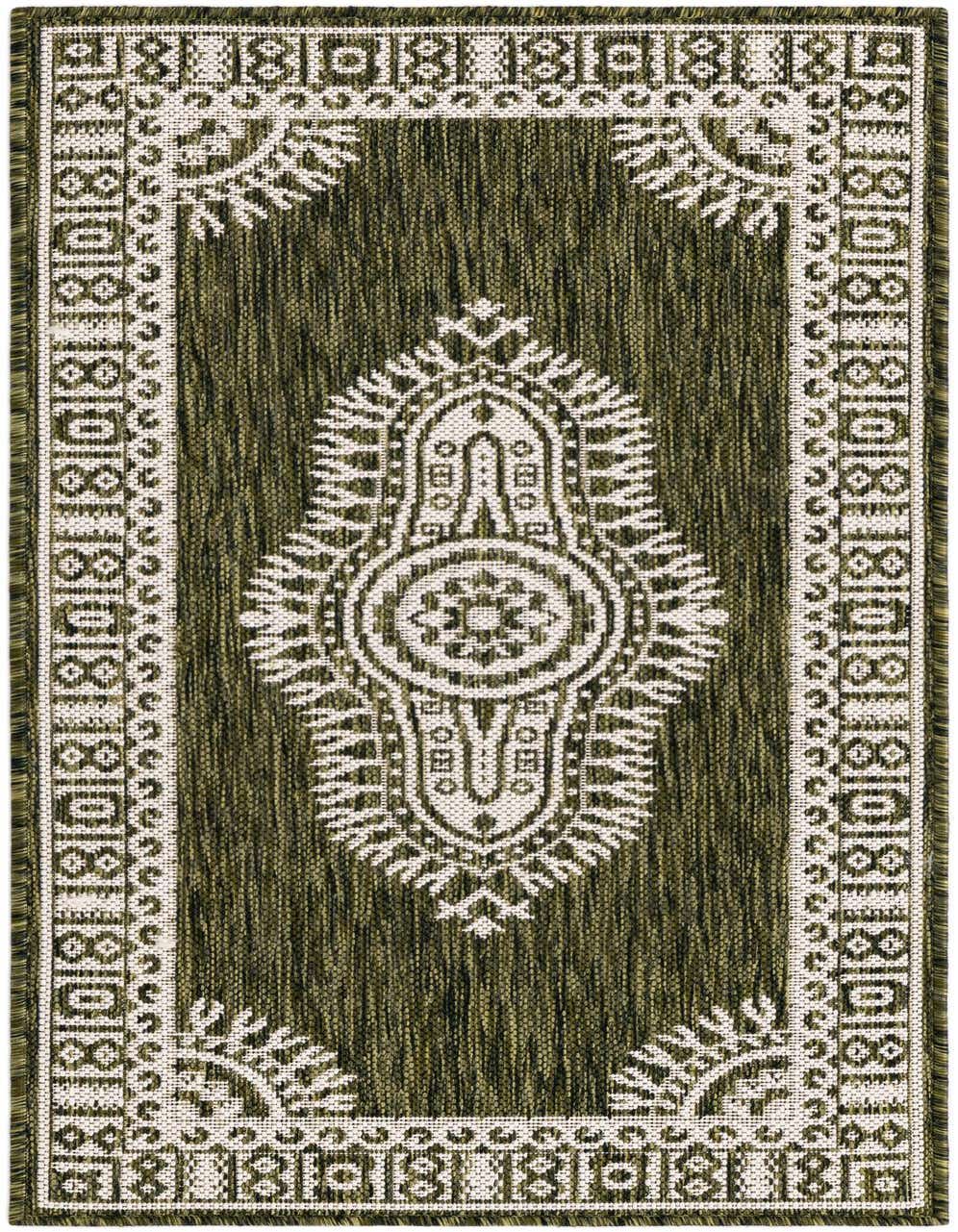 A 4 ft runner rug in shades of green with a cream traditional medallion pattern and border, suitable for hallways or patios.