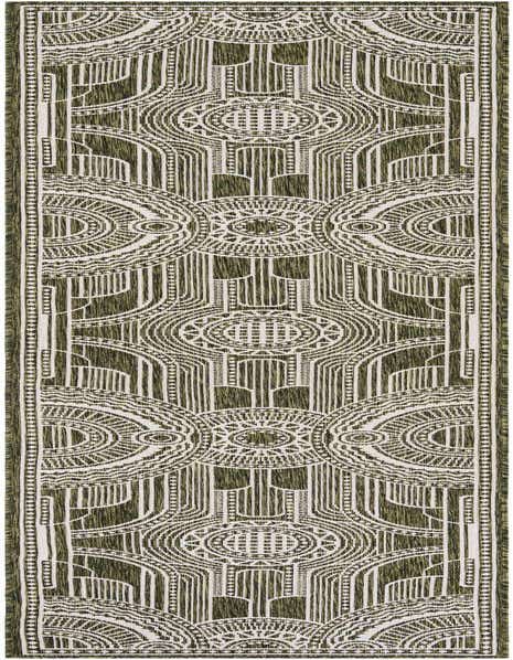 A 12 ft runner rug featuring a complex green and white geometric medallion pattern, suitable for hallways or patios.