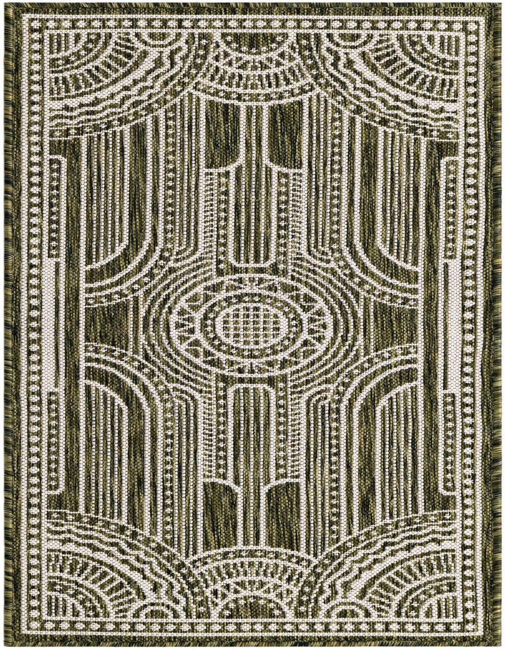 A 4 ft green runner rug with a white traditional medallion pattern, ideal for a hallway or patio.