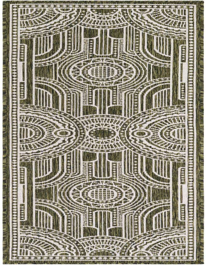 A 6 ft runner rug featuring a traditional medallion pattern in shades of green and white, suitable for indoor or outdoor use.