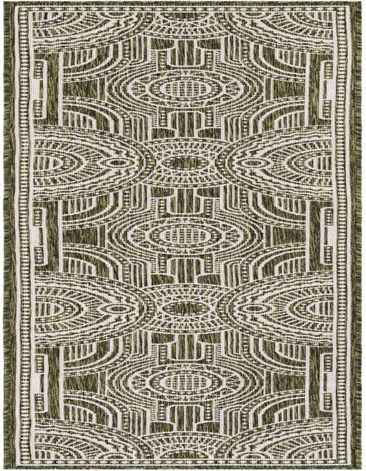 An 8 ft green runner rug with a repeating white geometric medallion and arch pattern, suitable for a hallway or patio.