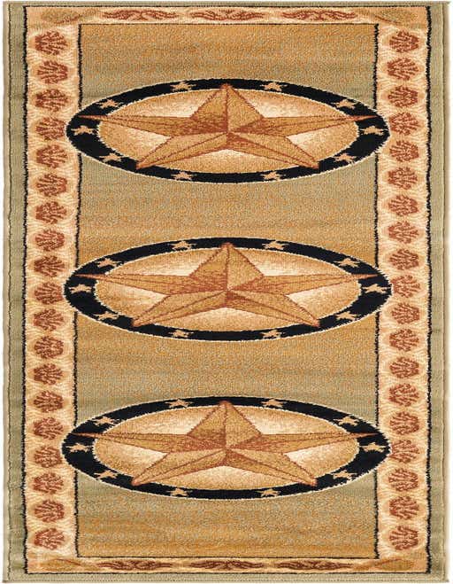 A long green runner rug with three large rustic medallion designs featuring a central brown star encircled by smaller stars, bordered by a tan and brown leaf pattern.