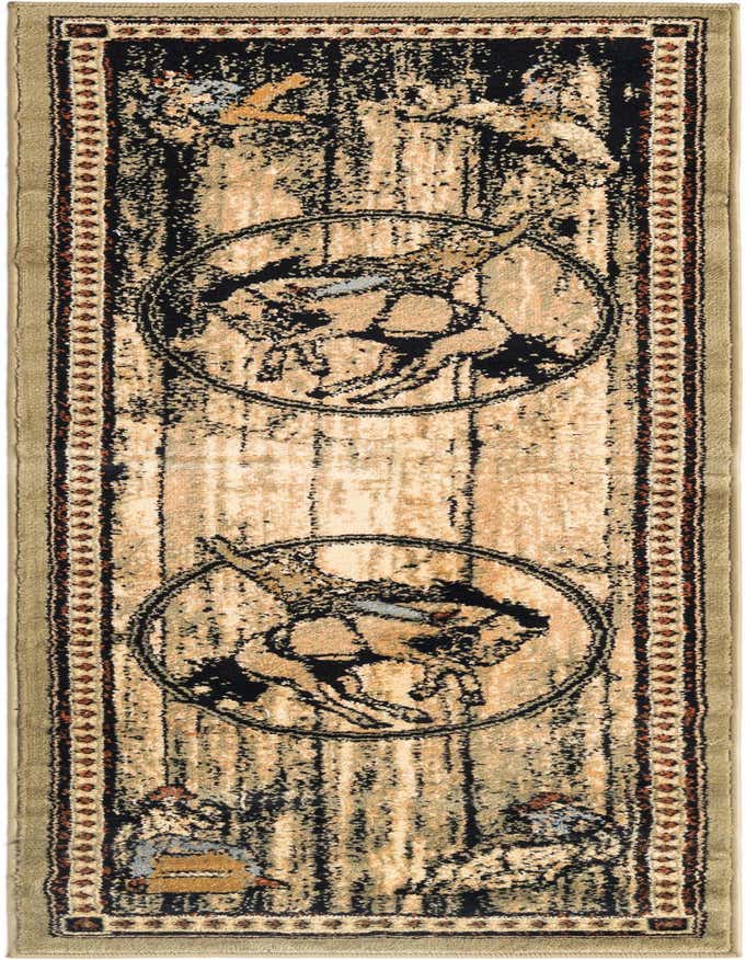 A 6 ft runner rug in shades of green with a distressed, rustic pattern featuring circular motifs and a patterned border, ideal for a hallway.