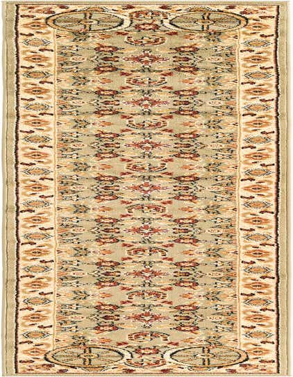 A 10 ft runner rug from the Pioneer collection, featuring a rustic medallion pattern in shades of green, cream, and rust.