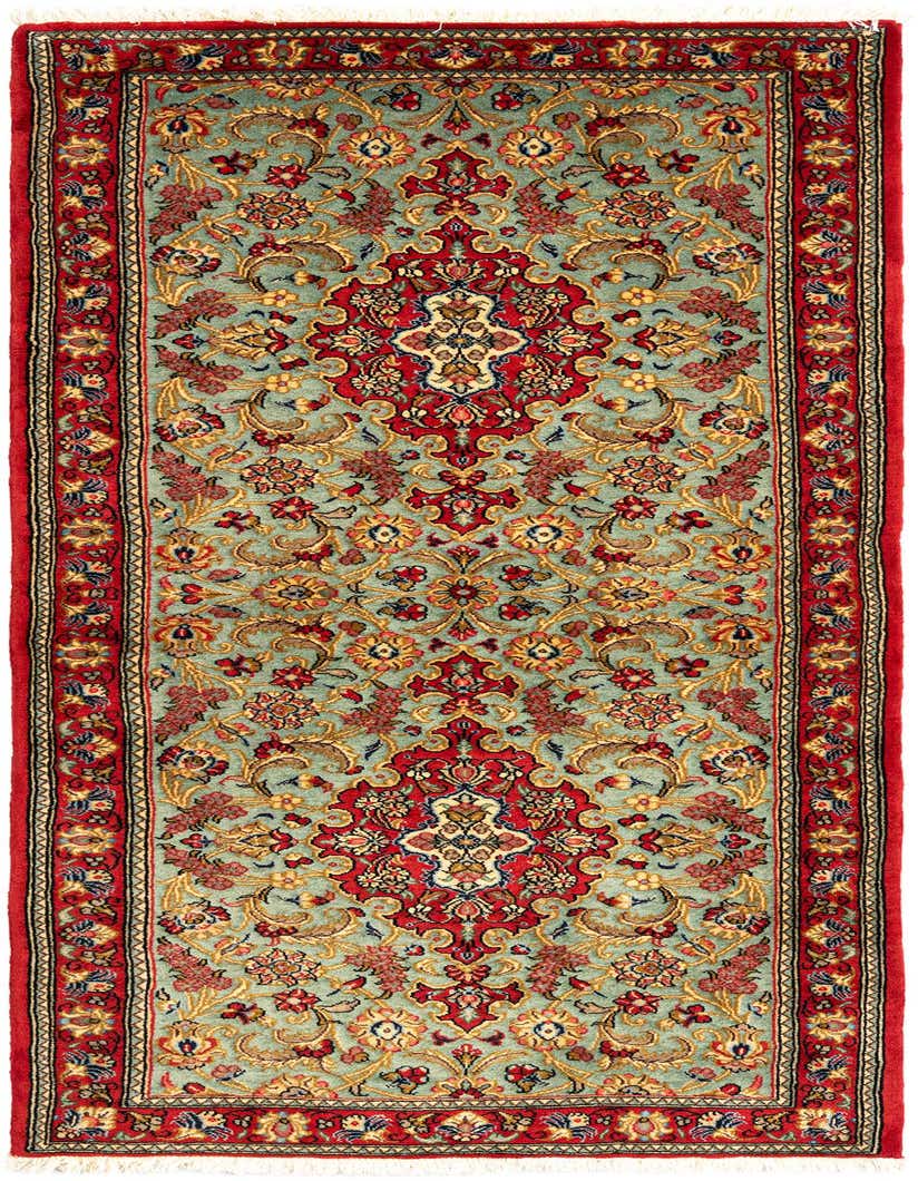 A 6 ft runner rug with a traditional Persian pattern in shades of green, red, and gold, featuring intricate floral and medallion motifs.