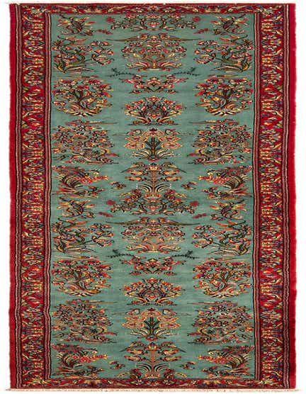 A handmade 13 ft Qom runner rug with a green background, vibrant floral and bird motifs, and a rich red border.