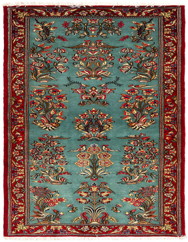 A 7 Ft runner rug in a traditional Persian style, featuring a teal green field with intricate floral and bird motifs, framed by a rich red border.