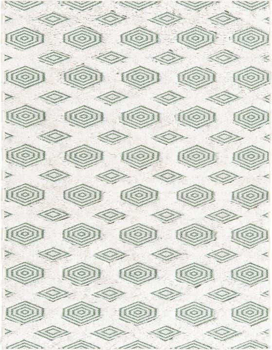 A green and white 8 ft runner rug with a modern abstract pattern of repeating geometric shapes, ideal for a hallway.