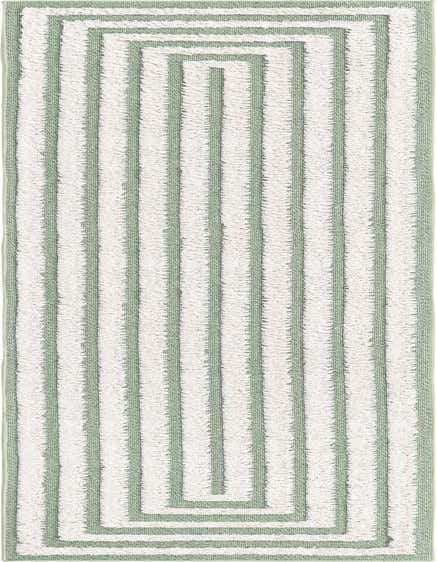 A 12 ft green and white striped runner rug with a modern textured pattern, ideal for a hallway.