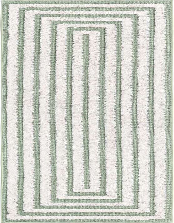 A green and white striped runner rug with a modern geometric pattern and textured pile, ideal for a hallway.