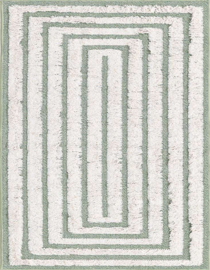 A 6 ft runner rug featuring a modern green stripe pattern on a textured off-white background, ideal for a hallway.