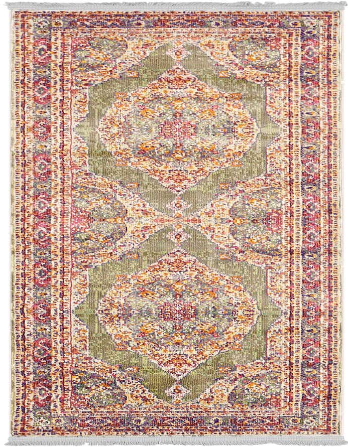 A 10 ft runner rug in shades of green, red, and orange with a distressed traditional pattern, suitable for a hallway.