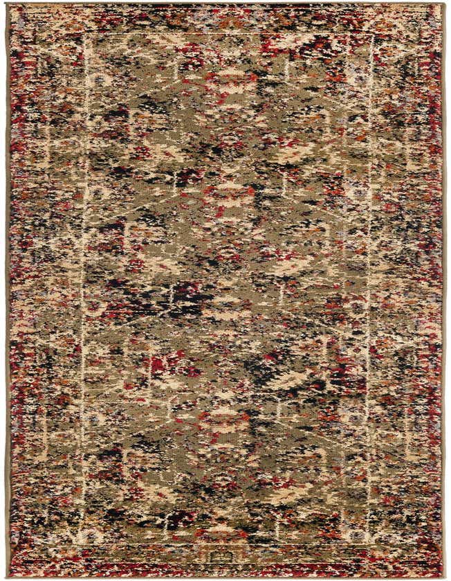 A 7 ft runner rug in shades of green, black, red, and cream, featuring a distressed traditional pattern with a tribal and rustic feel, ideal for a hallway.