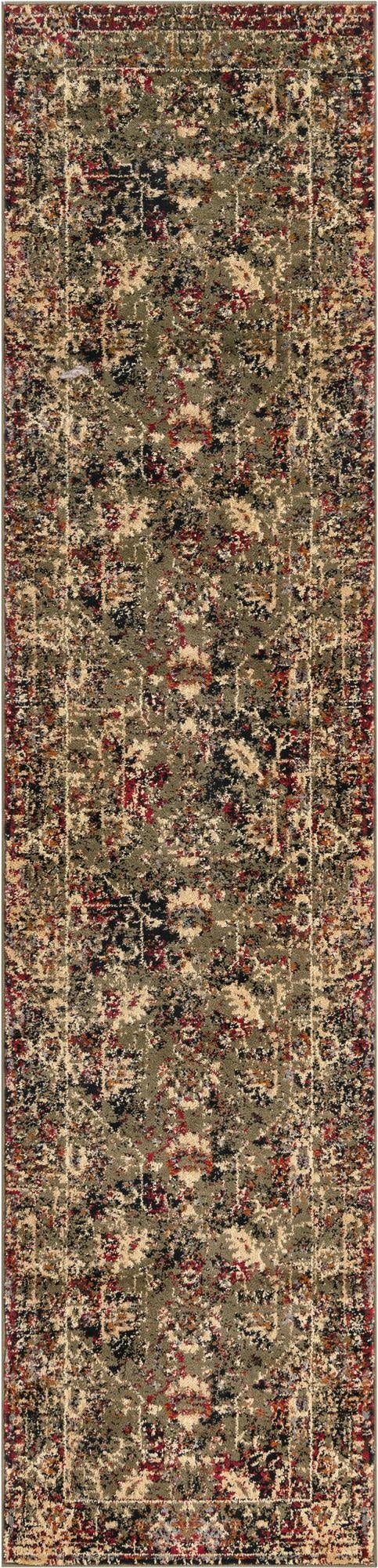 A 9 ft runner rug from the Rugs.com Saturn collection, featuring a distressed traditional pattern in greens, beige, black, and red, ideal for a hallway.