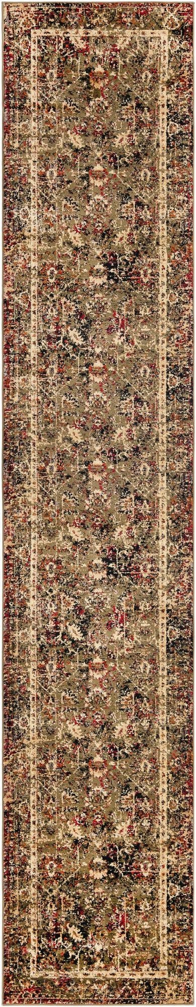 A 14 ft runner rug from the Rugs.com Saturn collection, featuring a distressed traditional and tribal pattern in greens, reds, and creams, ideal for a hallway.