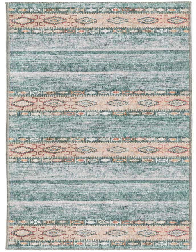 A 6 ft runner rug with a transitional tribal pattern in shades of green, beige, and rust, featuring stripes and geometric motifs.