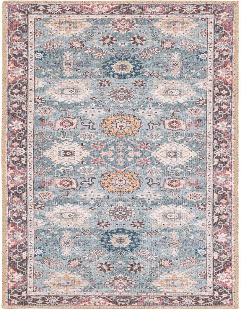 A 5 ft runner rug in a traditional vintage medallion pattern with shades of green, rust, and cream, ideal for a hallway.