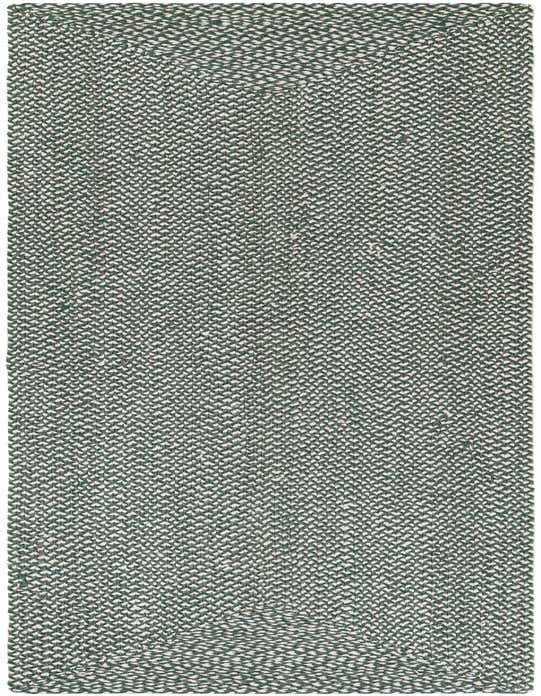 A 10 ft runner rug in a braided jute texture, featuring a tight weave of dark green and off-white threads.