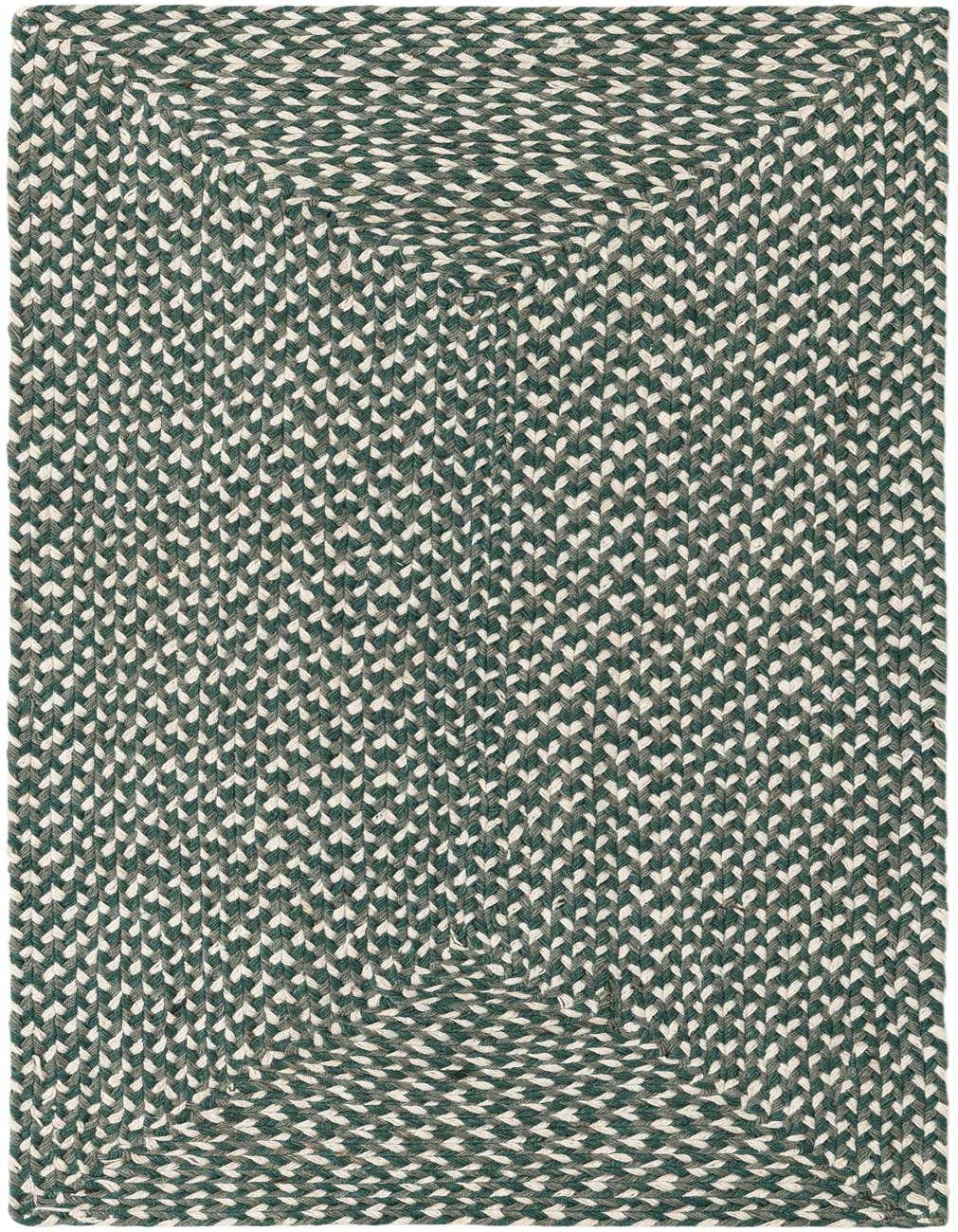 A 4 Ft runner rug featuring a tightly braided pattern in varying shades of green, grey, and off-white jute, perfect for a hallway.