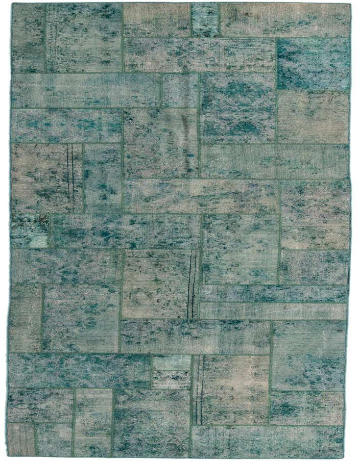 A long, narrow 15 ft runner rug featuring a patchwork design in varying shades of green, showcasing distressed Persian and abstract patterns.