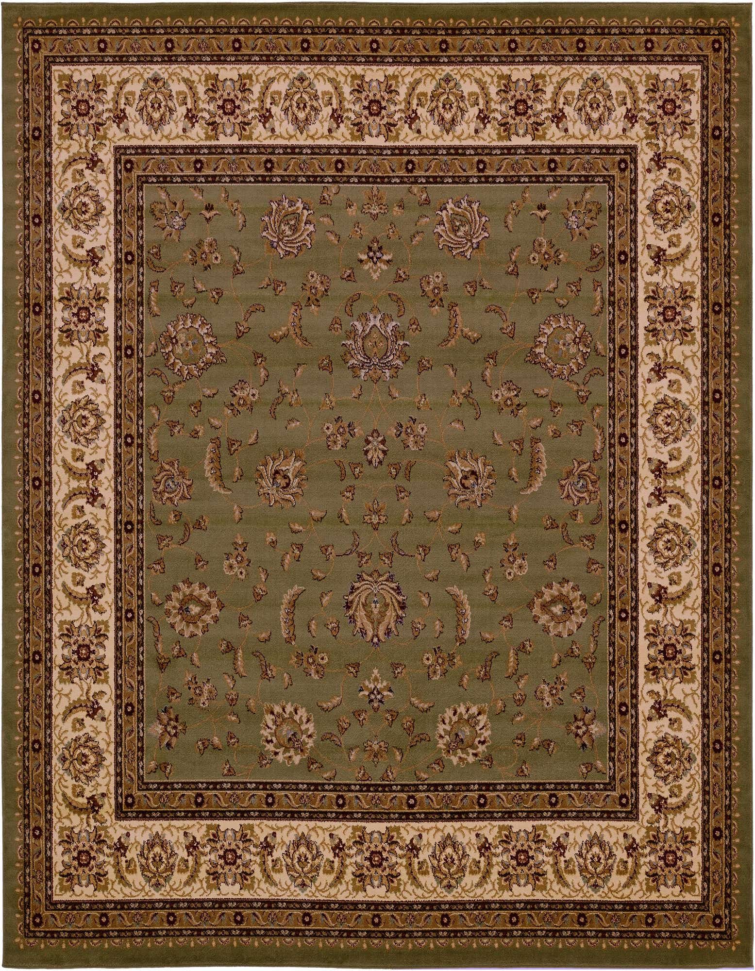 A 10'x10' square green traditional area rug with an intricate floral Oriental pattern and a detailed border.