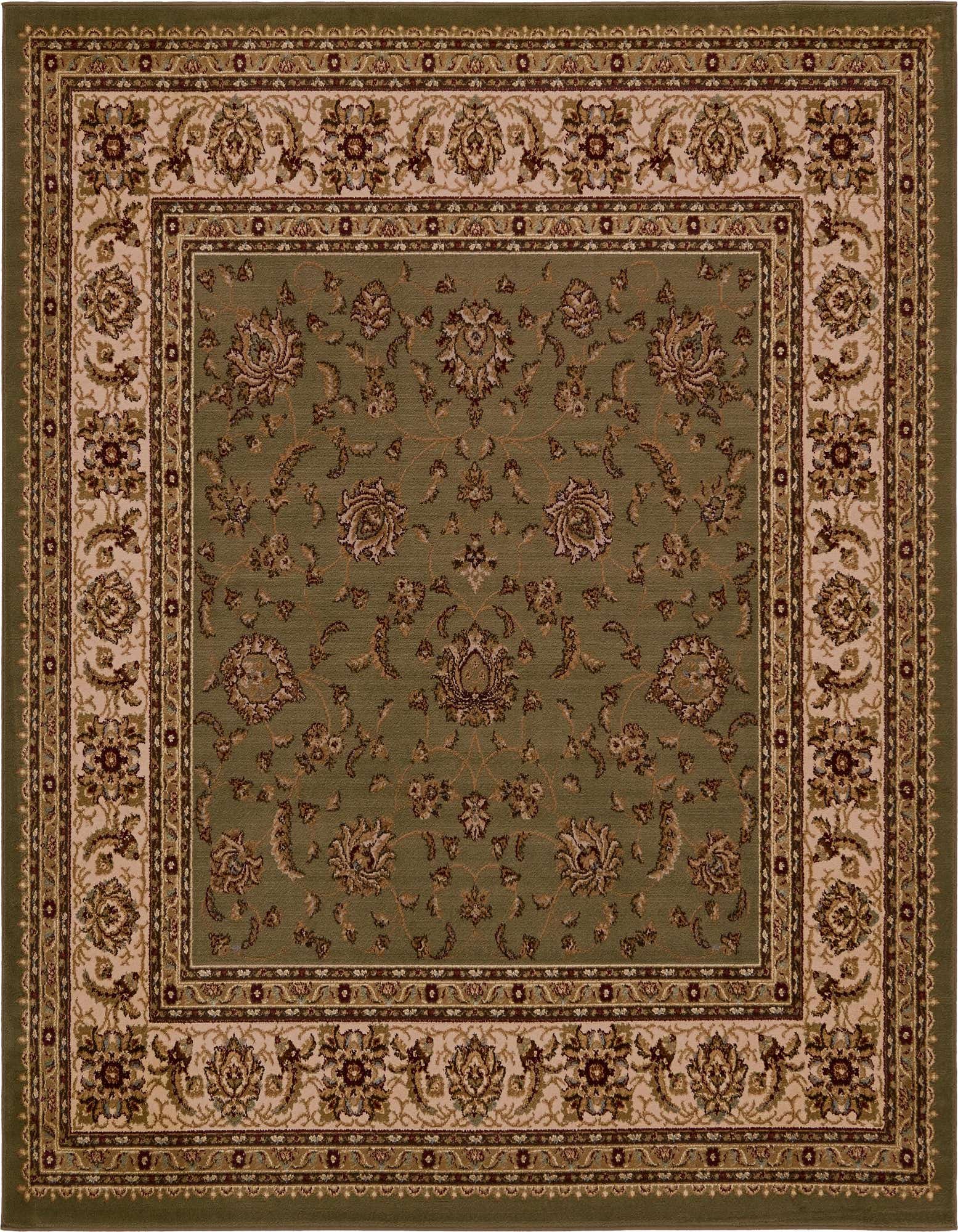 A square 7' 10 x 7' 10 green traditional rug with an oriental floral pattern and cream and brown border.