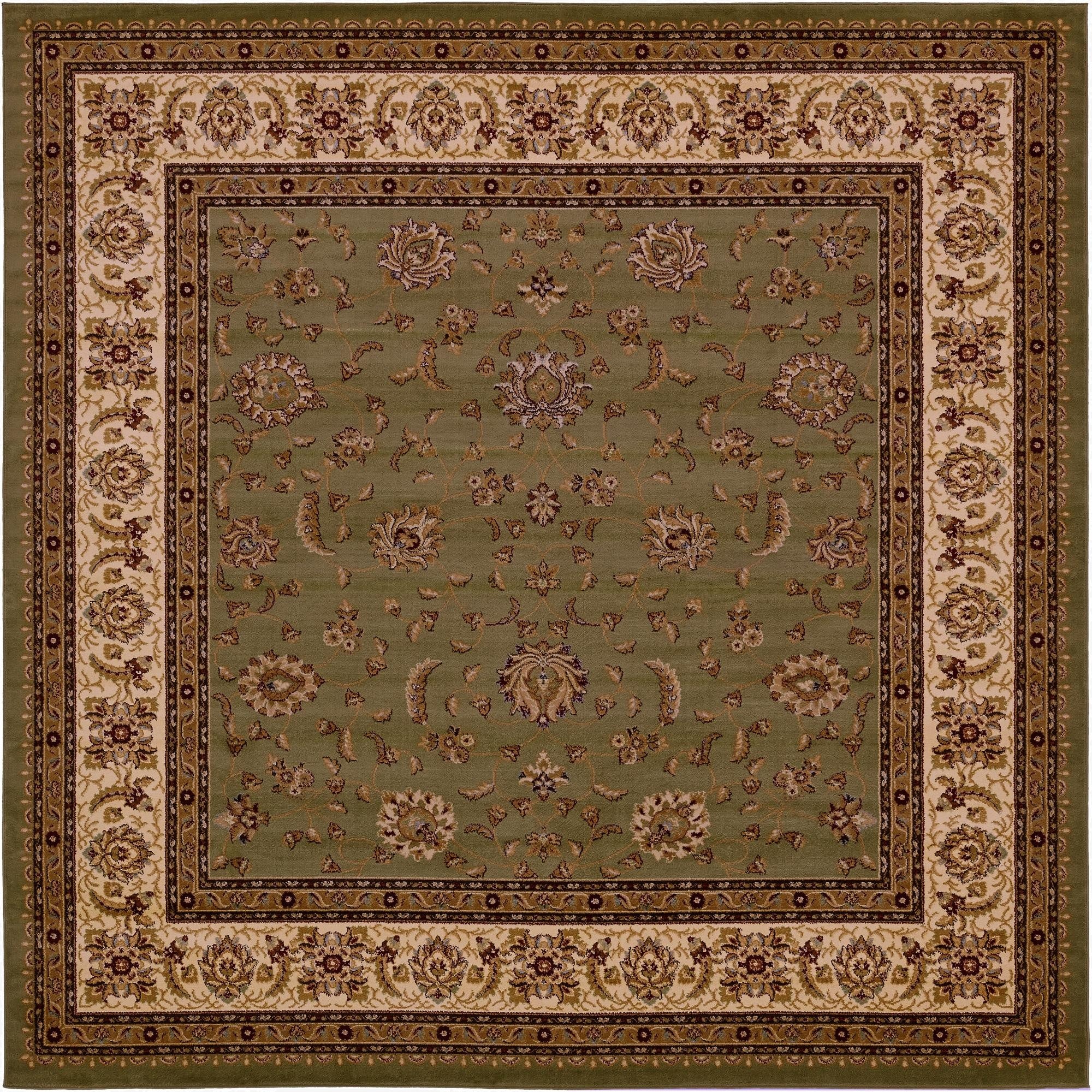 A 10'x10' square green traditional area rug with an intricate floral Oriental pattern and a detailed border.