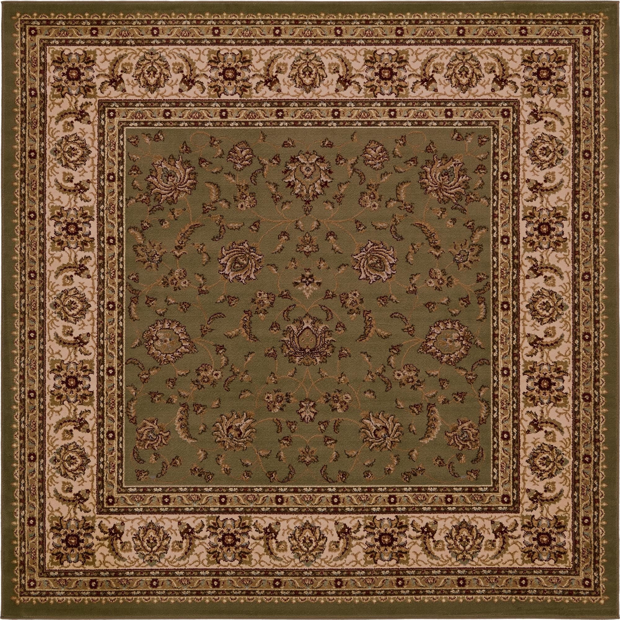 A square 7' 10 x 7' 10 green traditional rug with an oriental floral pattern and cream and brown border.