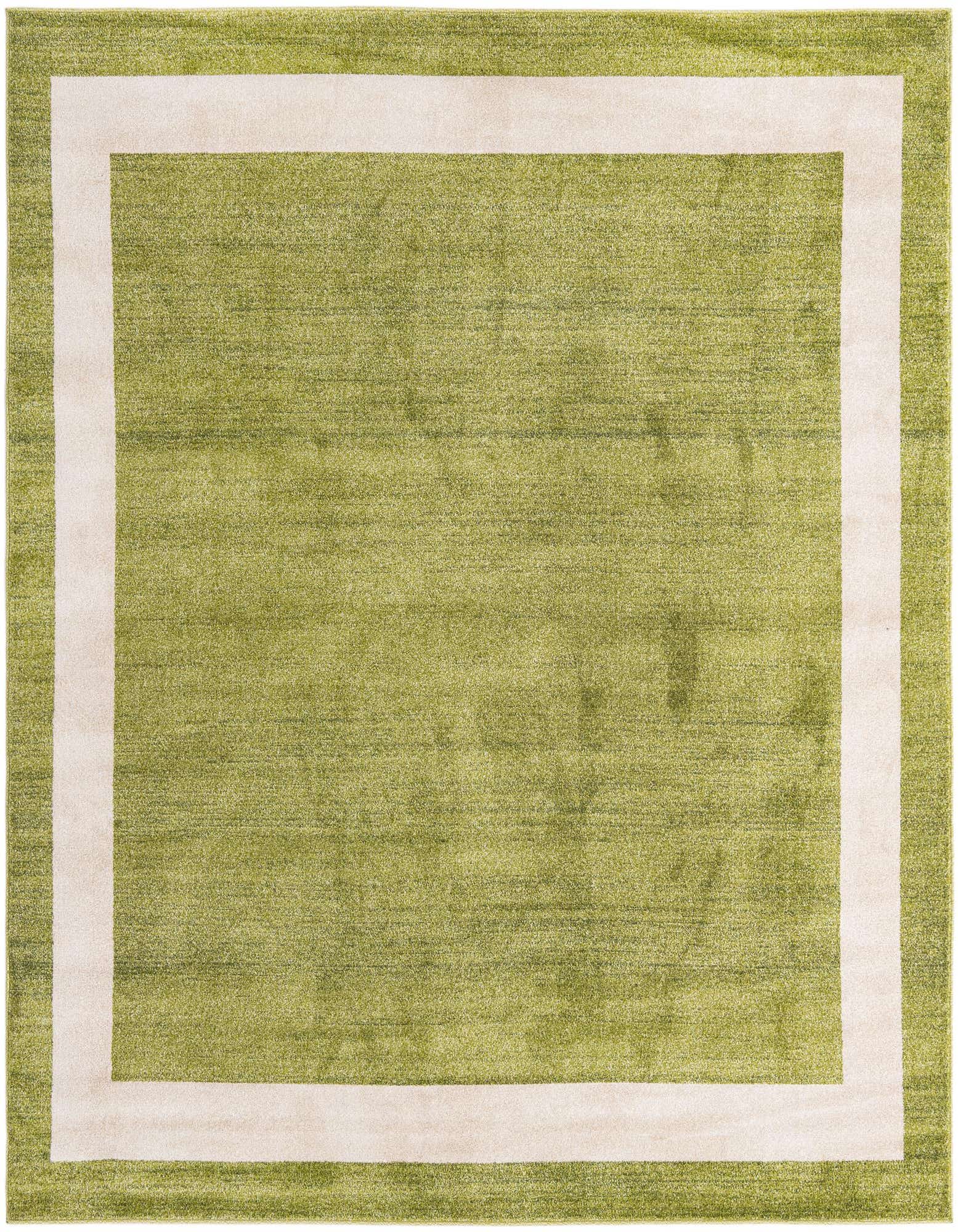 A square 8'x8' green area rug with a simple cream border, suitable for indoor living spaces.