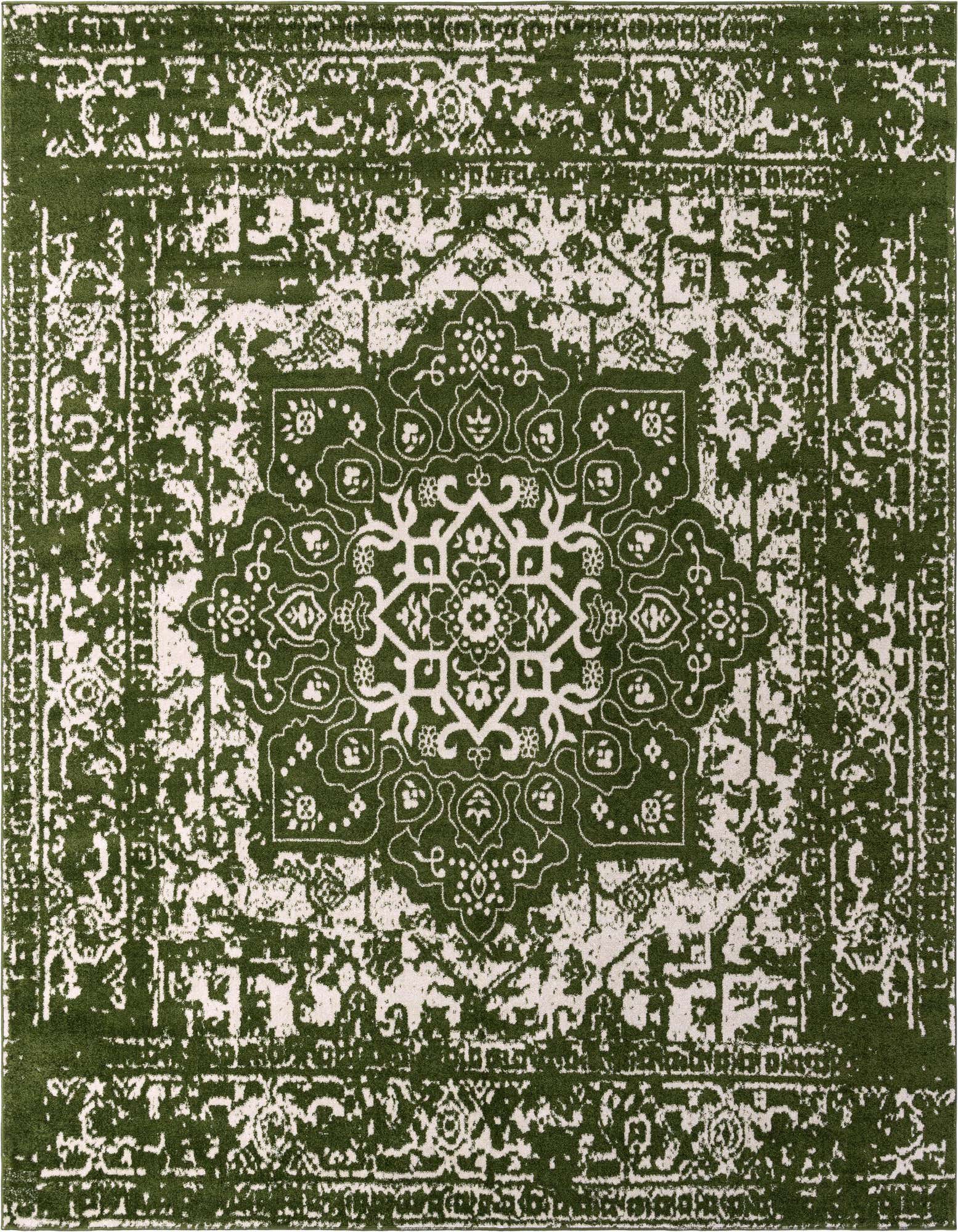A 12' 0 x 12' 0 square green area rug with a distressed white traditional medallion pattern and border.