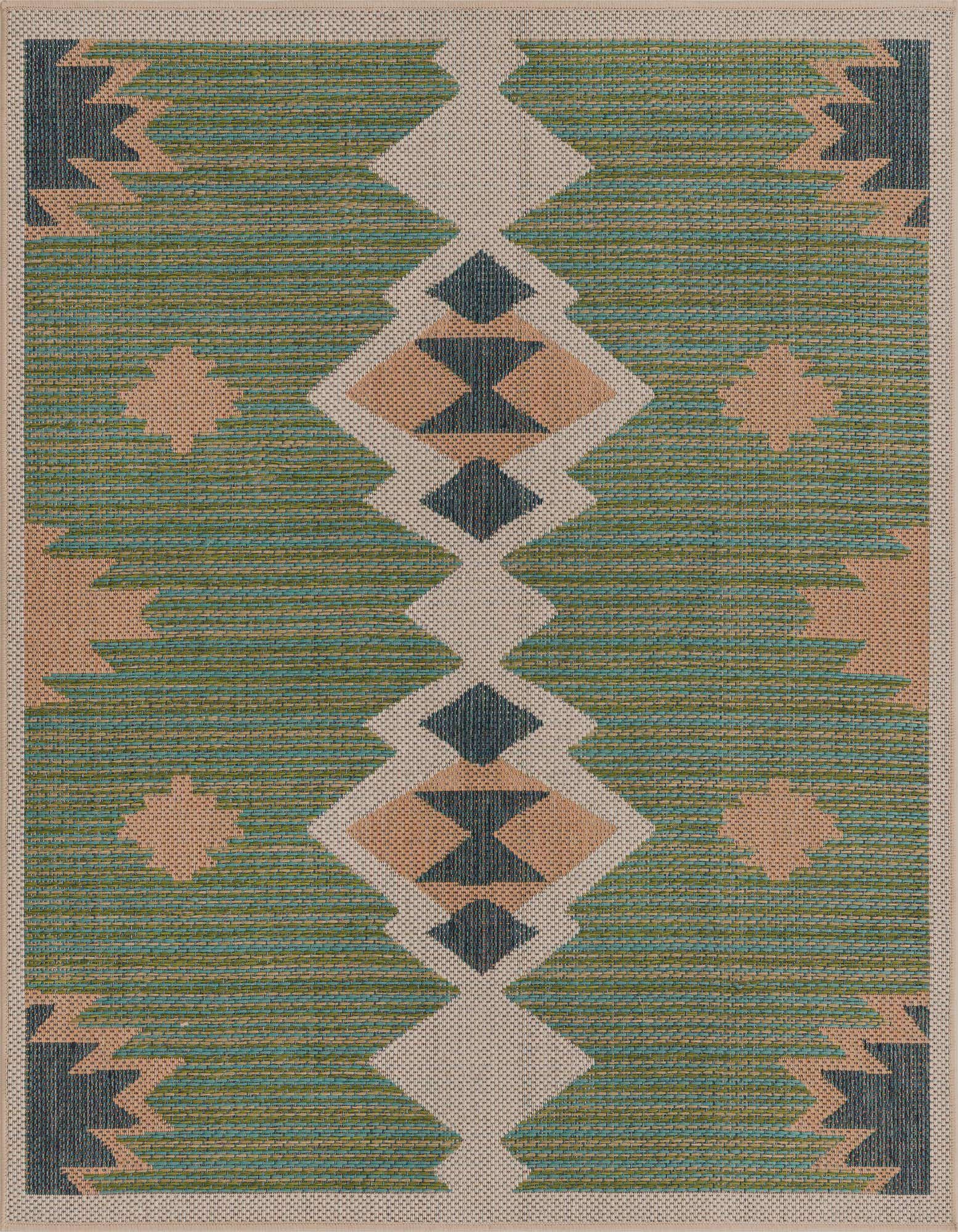 A 5' 3" x 5' 3" square Baja Outdoor rug featuring a green background with a central diamond pattern in beige, brown, and dark blue, and scattered starburst motifs.