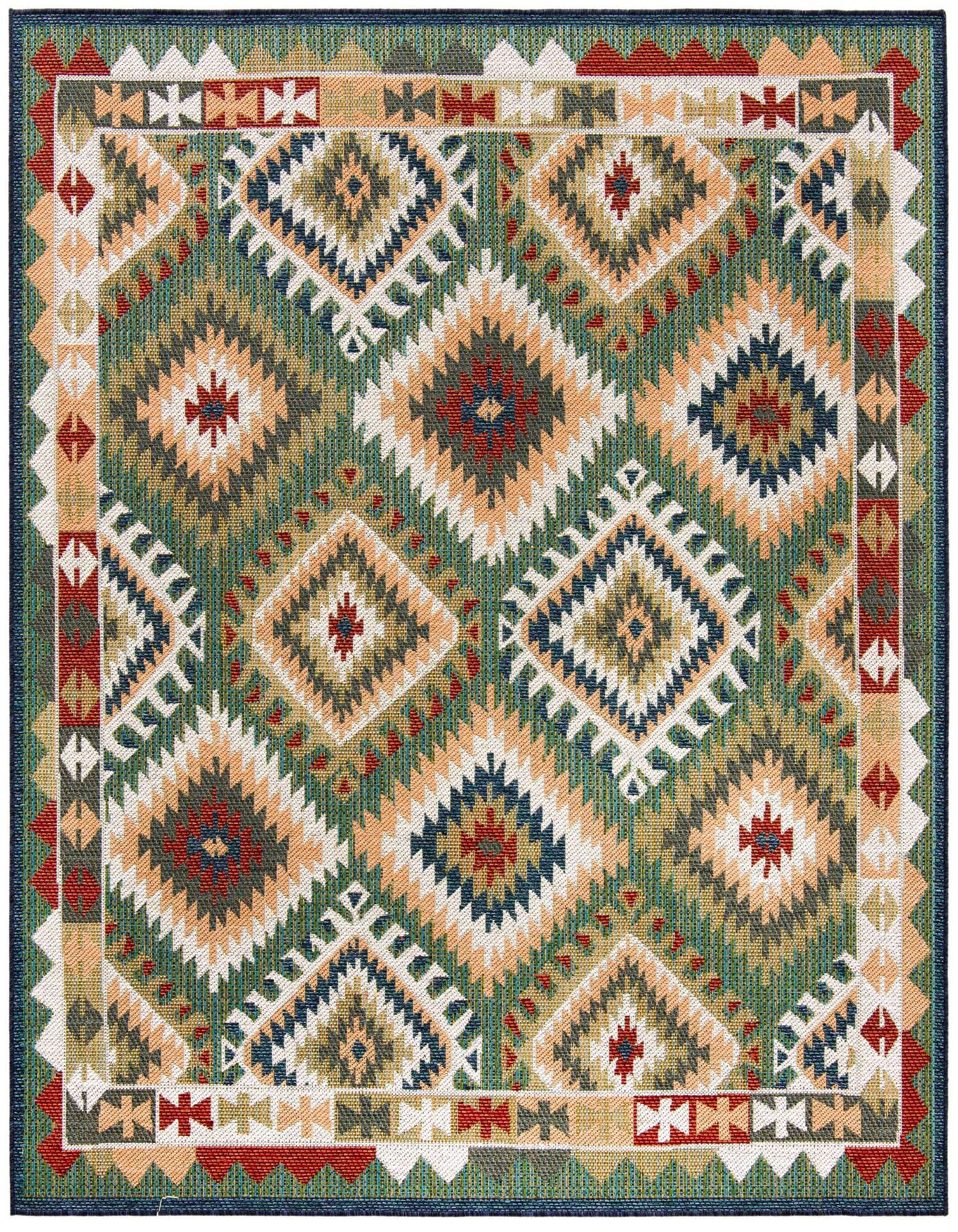 A square 7' 10 x 7' 10 Baja Outdoor rug with a green background and a Southwestern tribal pattern in orange, blue, red, and cream.