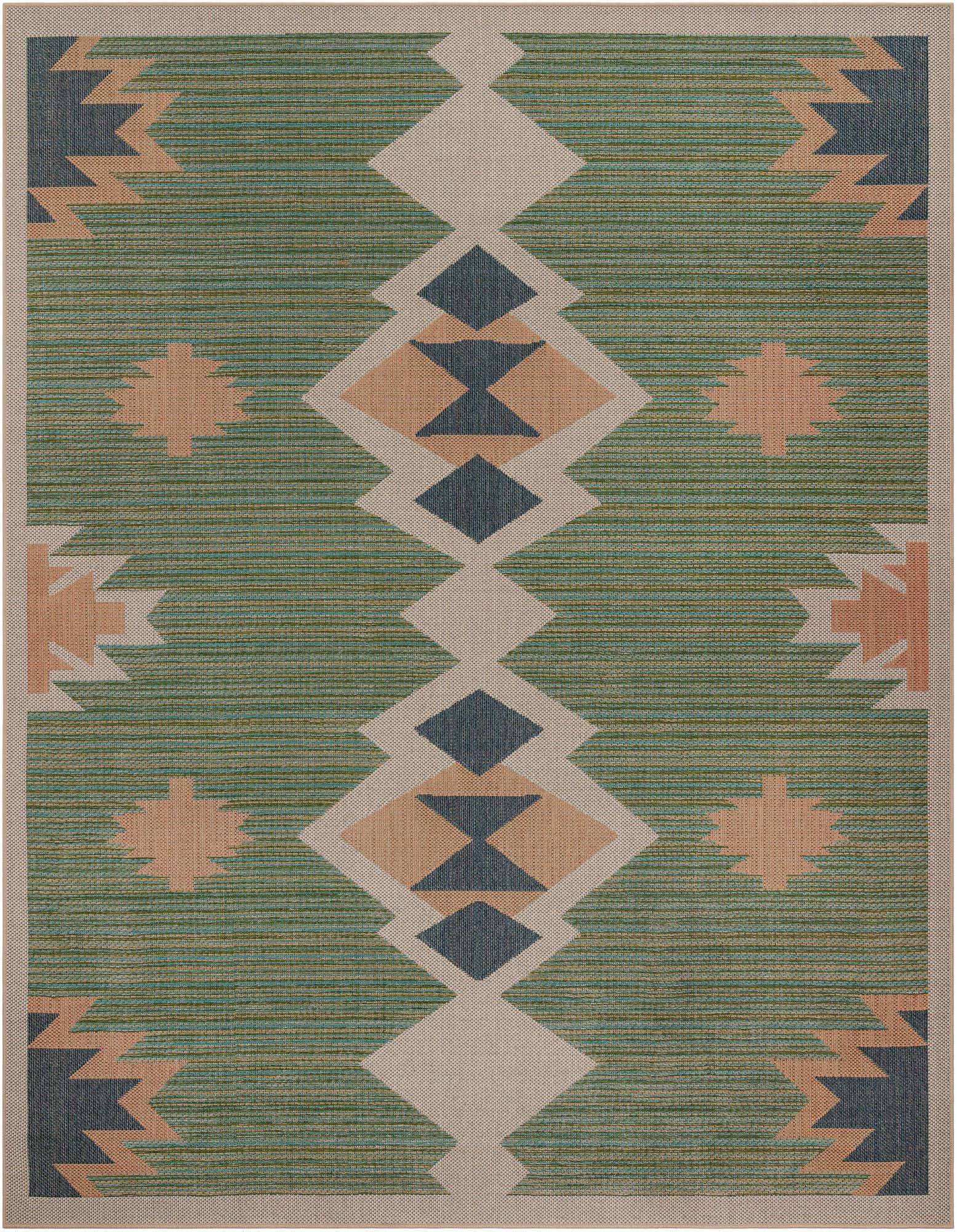 A 10'x10' square Baja Outdoor rug featuring a Southwestern geometric pattern in shades of green, beige, and blue, with a flatweave texture.