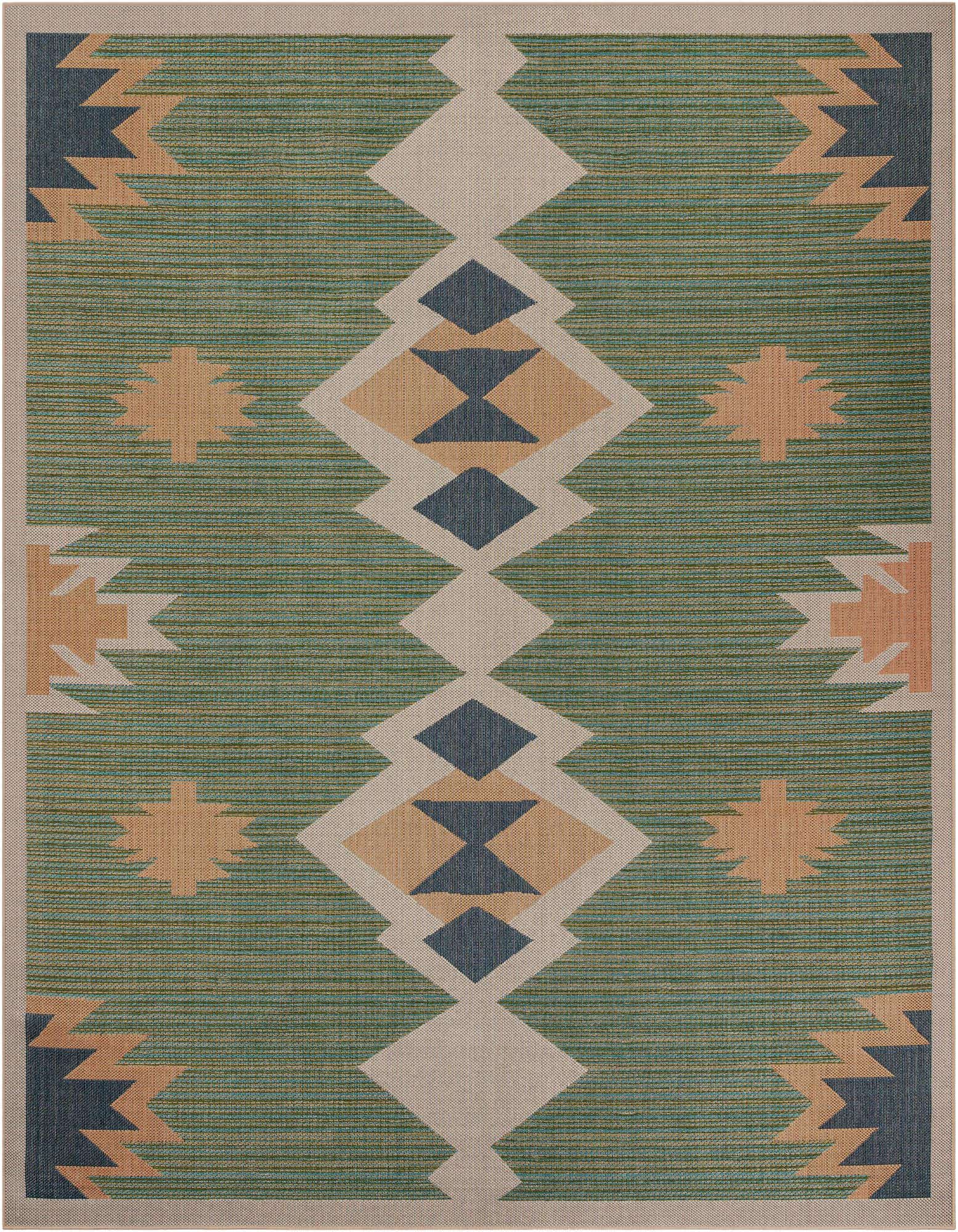 A 12x12 square green indoor/outdoor rug with a Southwestern tribal pattern in beige, dark blue, and orange.