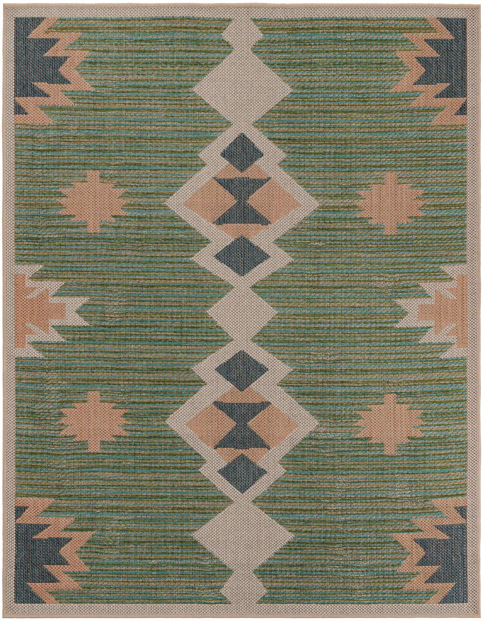 A 6x6 square green, beige, and blue Southwestern rug with tribal patterns, suitable for indoor or outdoor use.
