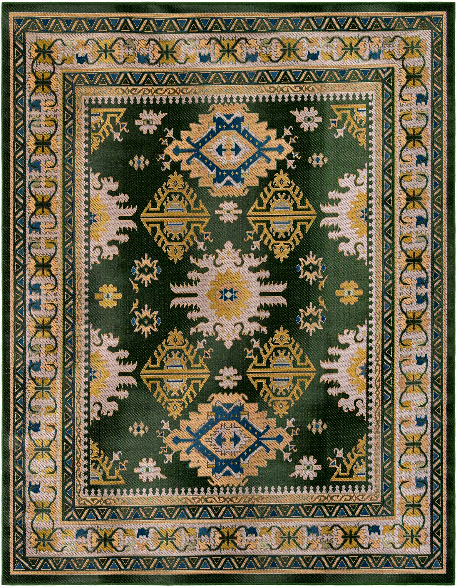 A 10'x10' square green flatweave rug with a traditional medallion and geometric pattern in yellow, blue, and cream, suitable for a patio.