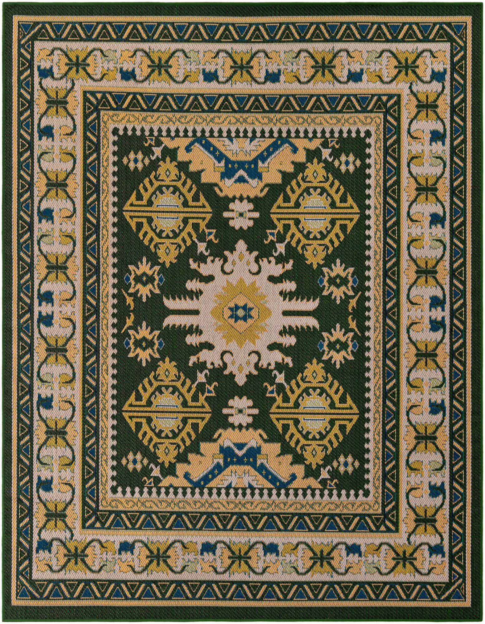 A square green Baja Outdoor rug with a traditional Oriental pattern in gold, beige, and blue, ideal for a patio.