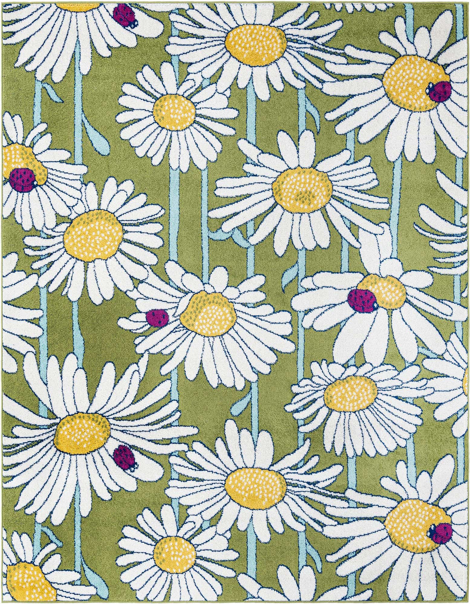 A square green rug with a modern floral pattern featuring large white daisies with yellow centers and small purple ladybugs.