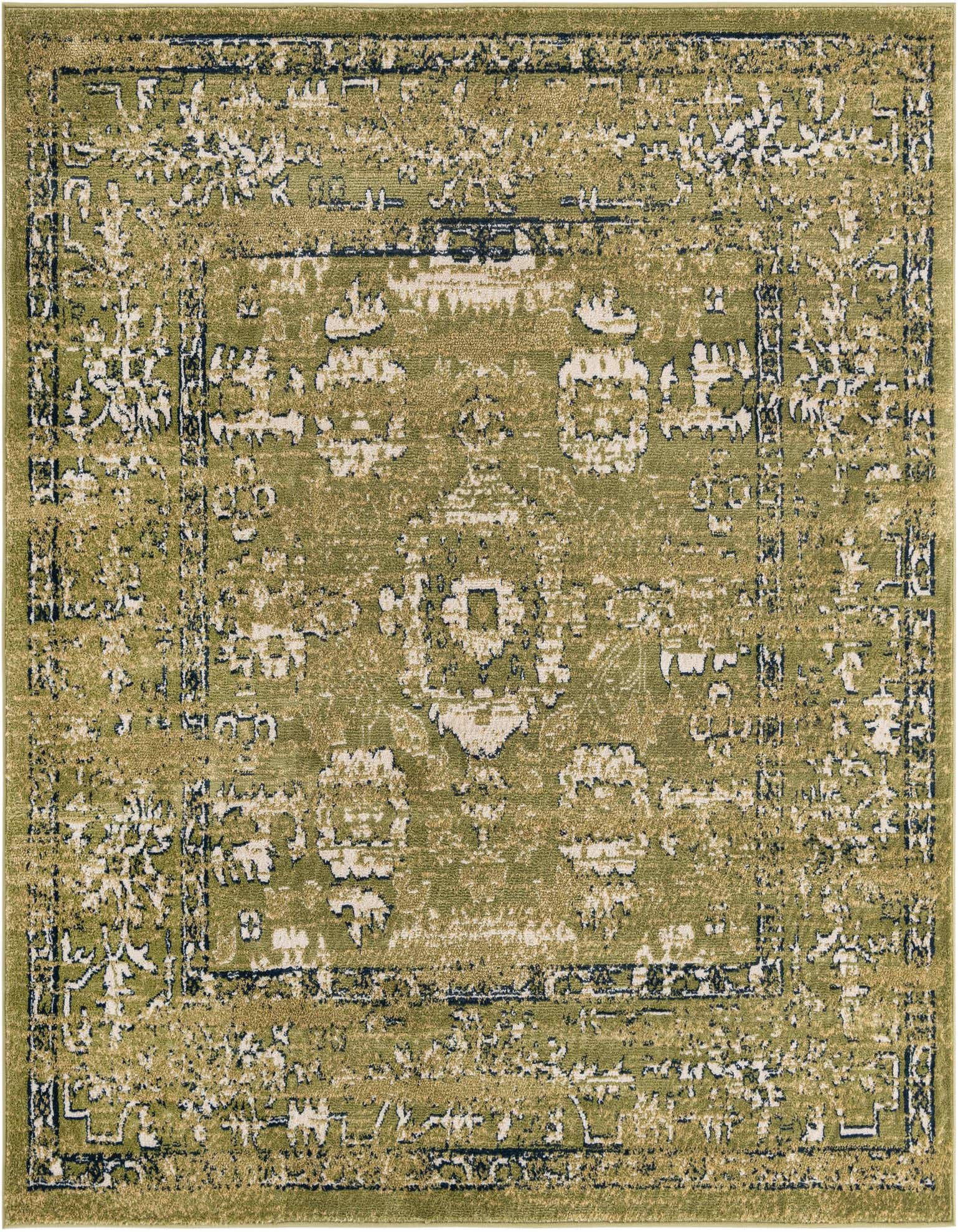 A 7'x7' square green area rug with a distressed traditional pattern and dark border, suitable for indoor spaces.