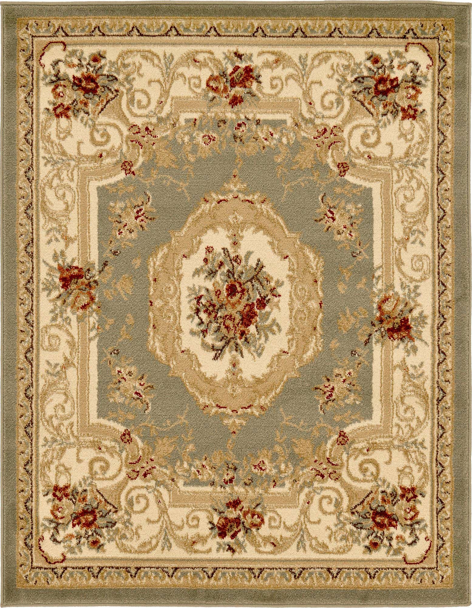A 4'x4' square traditional rug featuring a central medallion and floral patterns in green, beige, and red.