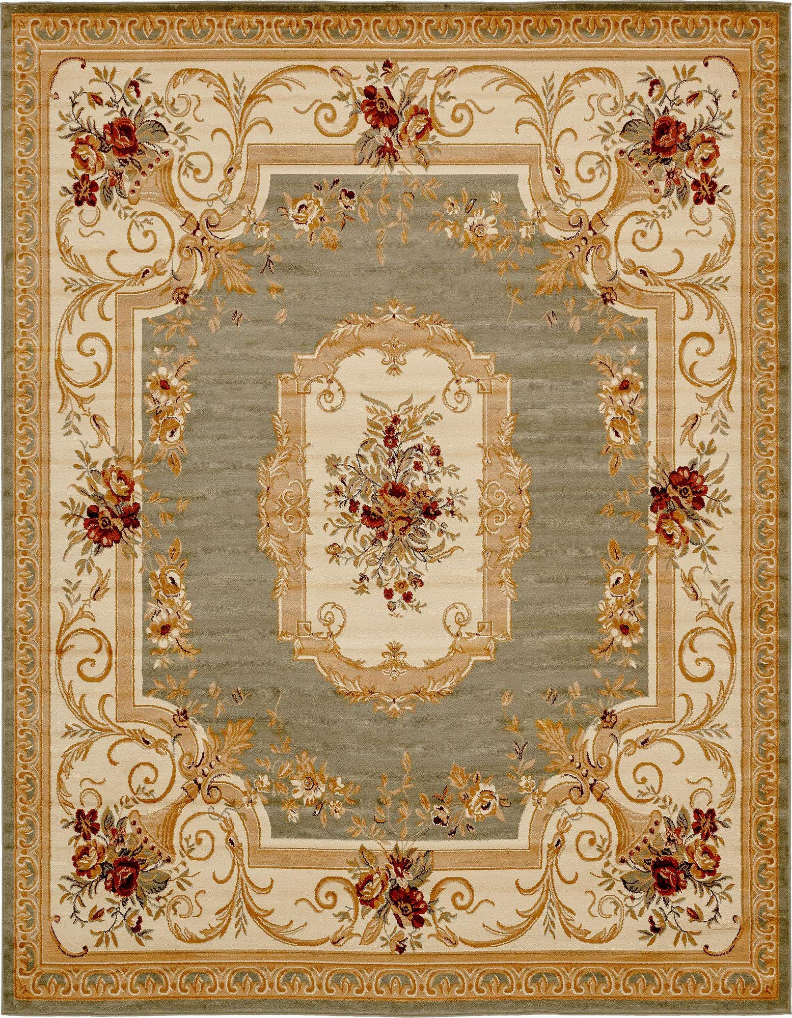A 10' 0 x 10' 0 square green traditional rug with a botanical medallion pattern and floral accents.